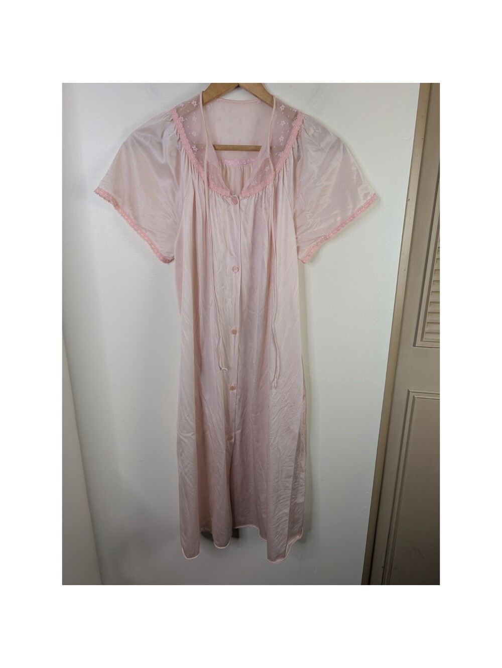 Vanity Fair Size Small Vintage Nightgown Baby Pink Lace Long Mumu Nylon Lace